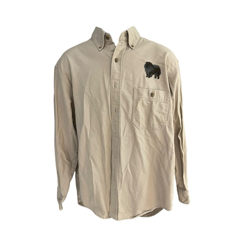 Three rivers men's L khaki collard button down shirt embroidered dog